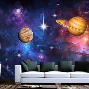 Sparkle Planets Wallpaper: Night Sky Vinyl Wall Mural