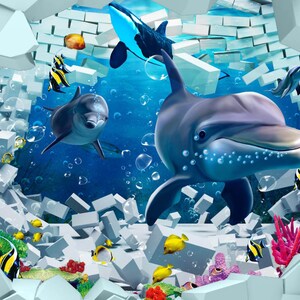 Delfini Pesci Mondo sottomarino 3D Illusione Carta da parati Bambini Camera Parete Carta da parati in vinile di alta qualità Carta da parati Nursery 3D Grandi murales murales
