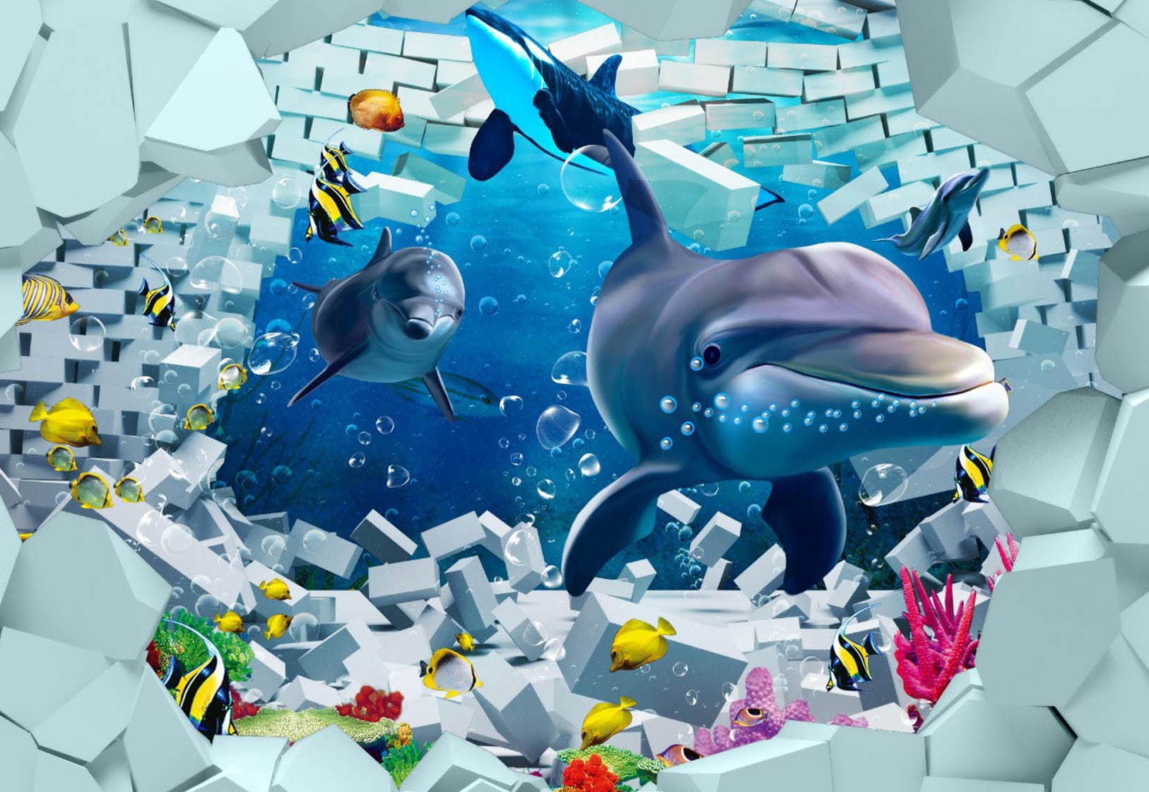 Papier Peint Mural 3D Dolphin NA9131 – Impression Murale Déco Pour Plafond Ou Mur, AJ WALL Fay