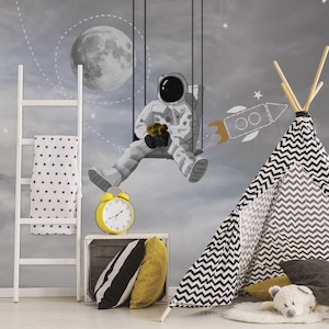 Astronauta Bambini Foto Carta da parati Modern Wall Decor Grigio Pianeti Spazio Carta da parati Nursery Room Decor Grandi murales Playroom Decor