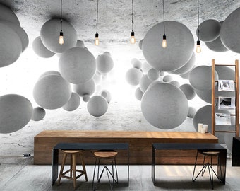 3D Geometric Balls Wallpaper: Modern Concrete Wall Mural