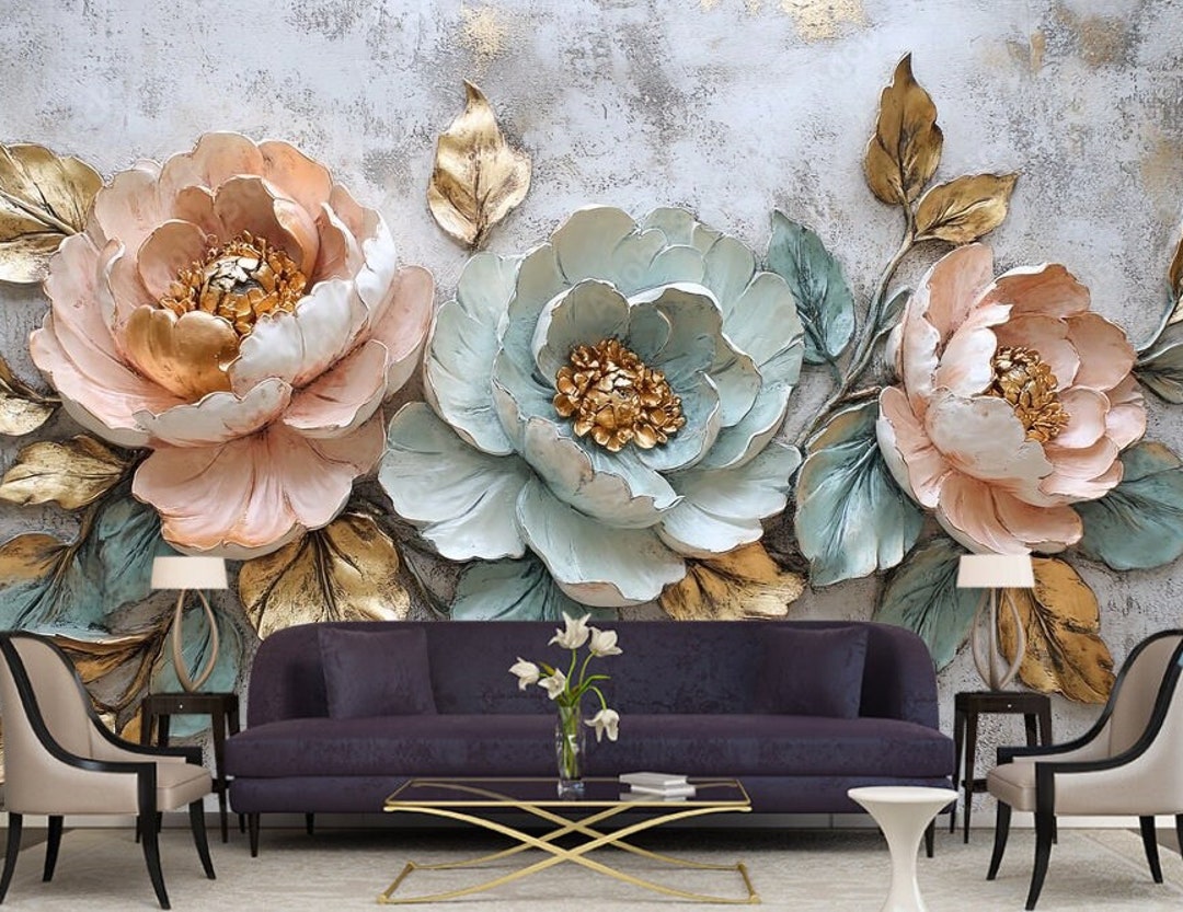 3D Peonies in Pastel Colors on Gray Concrete Wall Photo Wallpaper ...