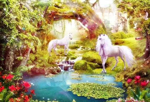 Magical Forest Unicorn Kids Photo Wallpaper Fairy Tale Wall Mural Large Size Wallpaper Vinyl Nursery Room Decor