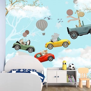 Baby Boy Murales Flying Cars With Animals Wallpaper Kids Wall Decor Blue Sky White Сlouds Vinyl Photo Wallpaper Nursery Room Sicker
