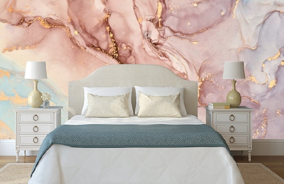 Dreamy Marble Mural in Pastel Pink with Gold