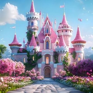 Castello della principessa Fiori rosa Rose Paese delle fate Bambini Foto Carta da parati Decorazione moderna da parete Decorazione per la stanza della neonata Grandi murales da parete Carta da parati scintillante