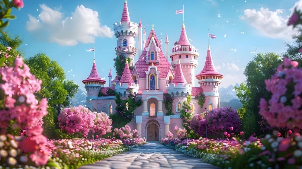Princess Castle Vinyl Wallpaper: Pink Flowers, Fairyland Wall