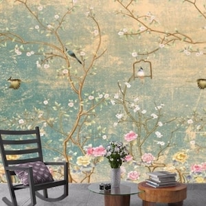 Vintage Floral Rose Vinyl Wallpaper Mural: Bird & Green Wall Decor