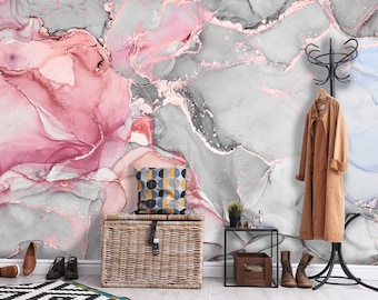 Pink Gray Fluid Art Wallpaper: Modern Abstract Vinyl Wall Mural