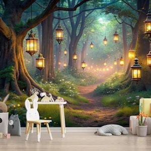 Papier peint forêt magique avec lanternes lumineuses, décoration murale pour chambre d'enfant, papier peint photo forêt féerique, grandes peintures murales murales magiques pour enfants