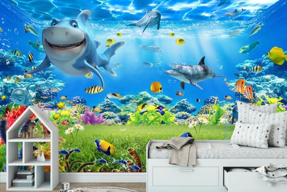 3D Dolphin tropical fish Wallpaper Decal Dercor Home Kids Nursery Mural  Home 