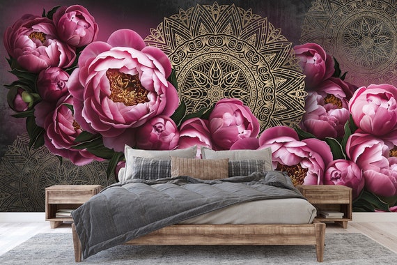 Oriental Motif Wallpaper Large Pink Peonies Buds Wallpaper - Etsy UK Oriental Motif Wallpaper Large Pink Peonies Buds Wallpaper - Etsy UK