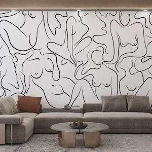 Minimalist One Line Woman Face Wallpaper Mural: Modern Beauty Studio Decor