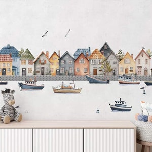 Watercolor Coastal Town Wallpaper Mural - Kids Room Decor