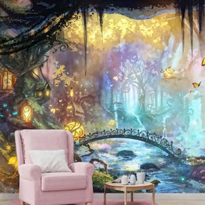 Foresta colorata di fate con piante magiche luminose Fotomurales per cameretta dei bambini Parete della foresta magica