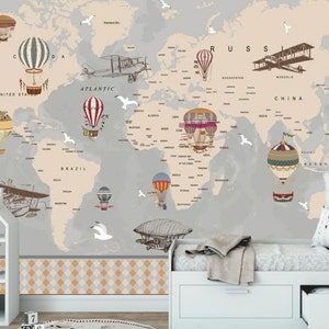Bambini World Mappa Vintage Air Balloons e Aereo Foto Carta da nido d'infanzia Camera decoro vinile Murales Bambini Mappa