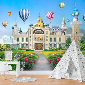 3D Wallpaper Princess Castle Palace Con Giardino Fiori Nursery Muro Decor Air Balloons Grande Muro Murali 3D Adesivo Muro