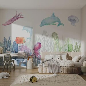 Carta da parati murale subacquea con animali marini per la cameretta dei bambini, con delfini, polpi e decorazioni nautiche per la cameretta dei bambini, da staccare e attaccare, stile tradizionale
