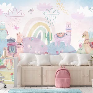 Rainbow Llama Kids Room Wallpaper Mural: Colorful Nursery Decor
