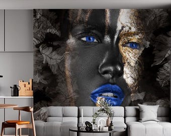 Girl Face Art Wallpaper: Modern Black, Gold & Blue Vinyl Wall Mural