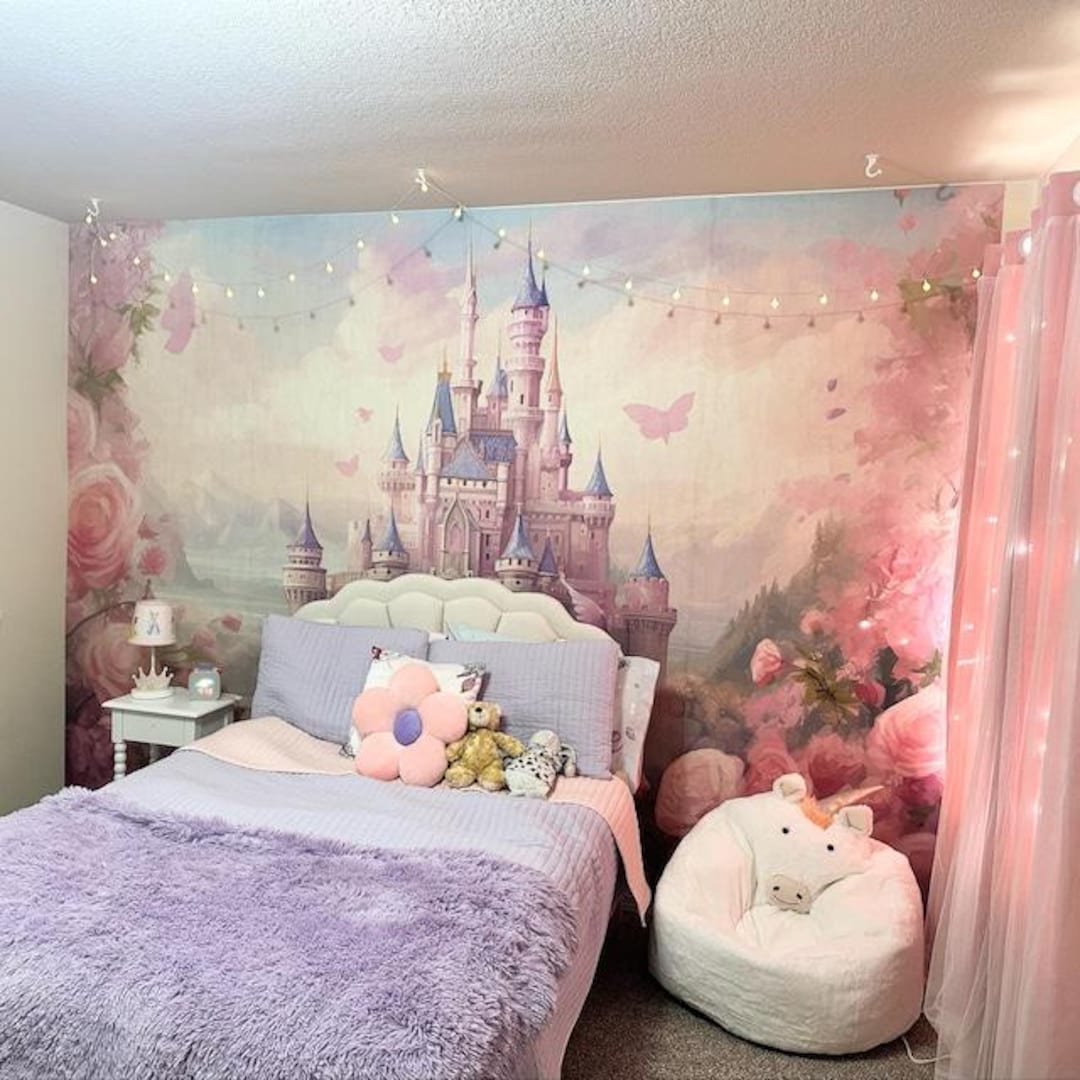 Custom Wallpaper Fairy Tale Princess Castle Wall Mural Pink Fantasy ...