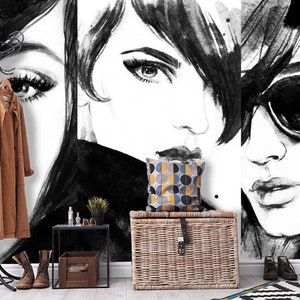 Fashion Girls Face Black & White Watercolor Photo Wallpaper Hairdressing Salon Wall Decor Vinyl Large Wall Murals