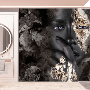 Kunst Tapete Mädchen-Gesicht Moderne Wand-Dekor Stilvolle Schönheitssalon Foto-Tapete Schwarz Gold Tropische Blätter Große Wandmalereien Funkeln