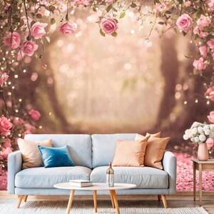 Magischer Wald mit rosa Rosen-Foto-Tapete für Mädchen, wunderliche Rosengarten-Wandbild verträumte Kinderzimmerdeko gemütliches Märchen Großes Wandbild