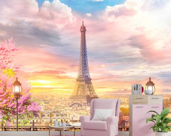 水彩画のエッフェル塔の壁紙：ロマンチックなパリの景色の壁画 - Etsy 日本