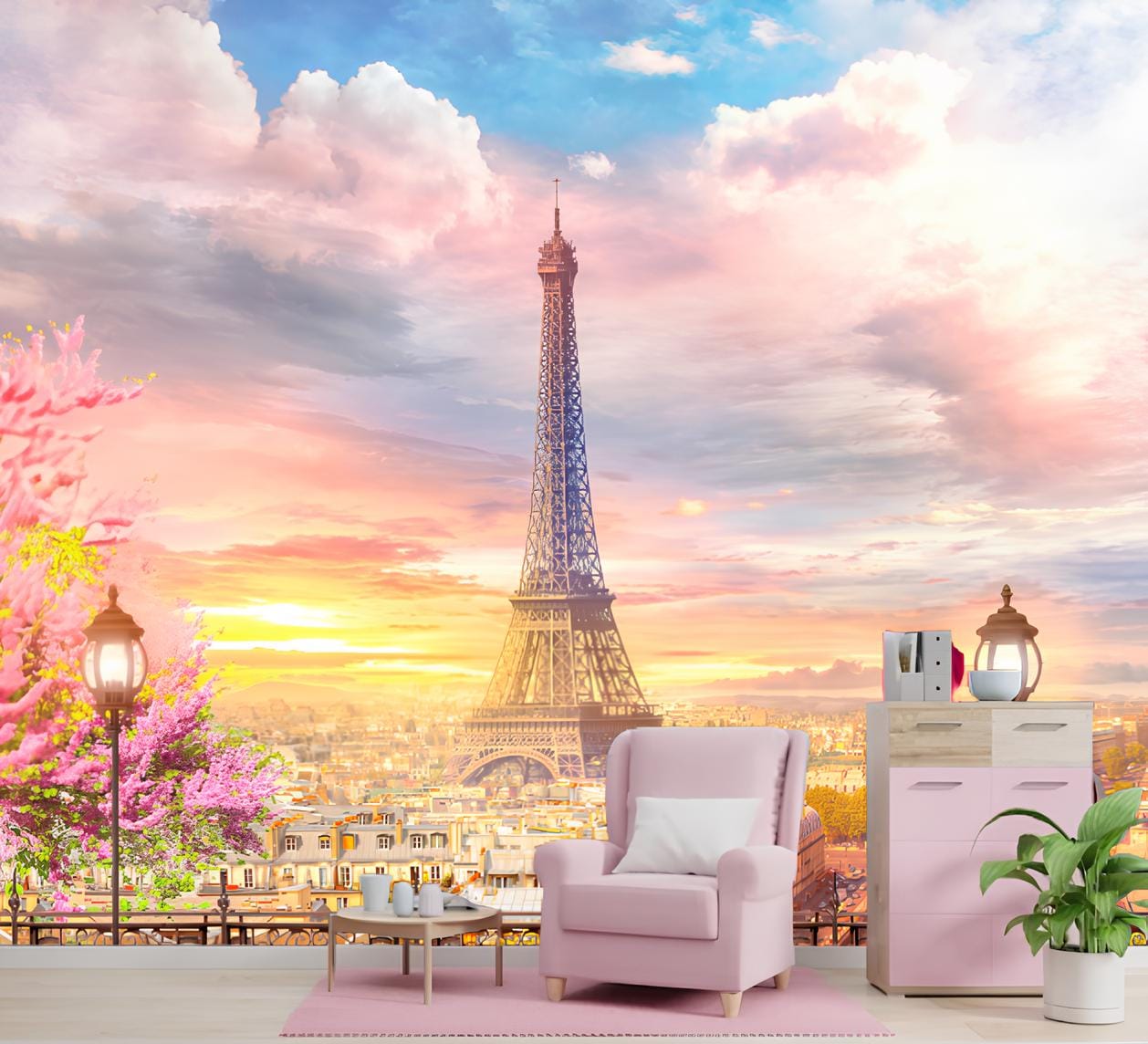 水彩画のエッフェル塔の壁紙：ロマンチックなパリの景色の壁画 - Etsy 日本