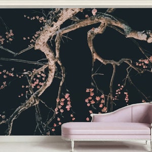 Sakura Branch Wallpaper: Modern Dark Floral Wall Mural