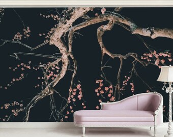 Sakura Branch Wallpaper: Modern Dark Floral Wall Mural