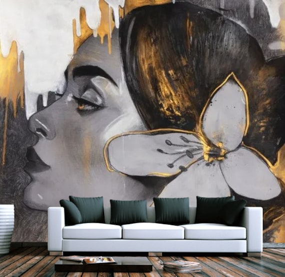 Arte Papel tapiz Cara de chica Decoración de pared moderna Elegante Salón  de belleza Papel tapiz Gris Oro Grandes Murales de pared Brillan