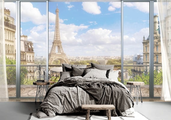 Window View Eiffel Tower Paris Traditional Wallpaper Modern - Etsy