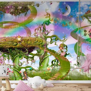 Carta da parati Fairytale World Little Fairies per la stanza dei bambini Mondo magico con arcobaleno luminoso Carta da parati moderna Decorazione da parete per bambini Carta da parati fotografica