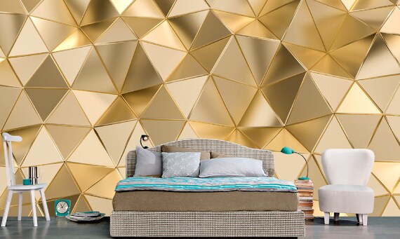 3D Effect Wallpaper Golden Triangles Modern Wall Decor Geometric