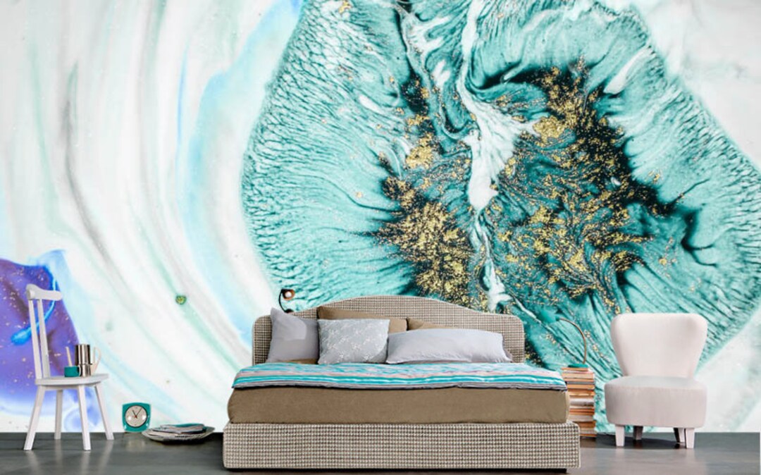 Turquoise Blue Gold Marble Effect Wallpaper Modern Wall Decor Fluid Art