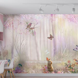 Magie Lila Wald Wandbild Tiere Kaninchen Tapete Kinder Tapete Modernes Wanddekor Mädchen Raum Kunst Fotowandpapier Kussgröße Großes Wandbild