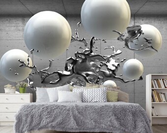 3D Geometric Balls Vinyl Wallpaper: Modern Concrete Wall Decor