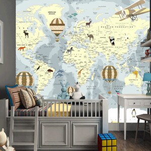 Weltkarte mit Tieren Kindergarten Wallpaper Reise Kinder Foto Wallpaper Air Ballons Flugzeug Kindergarten Wand bildervon Wand