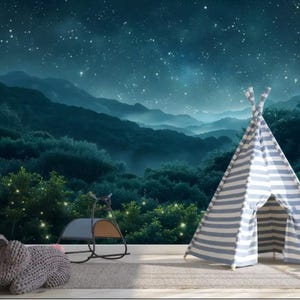 Nuit fantastique dans la forêt, lucioles, ciel étoilé, papier peint pour chambre d'enfant, décoration moderne, papier peint photo, forêt mystérieuse, personnalisation