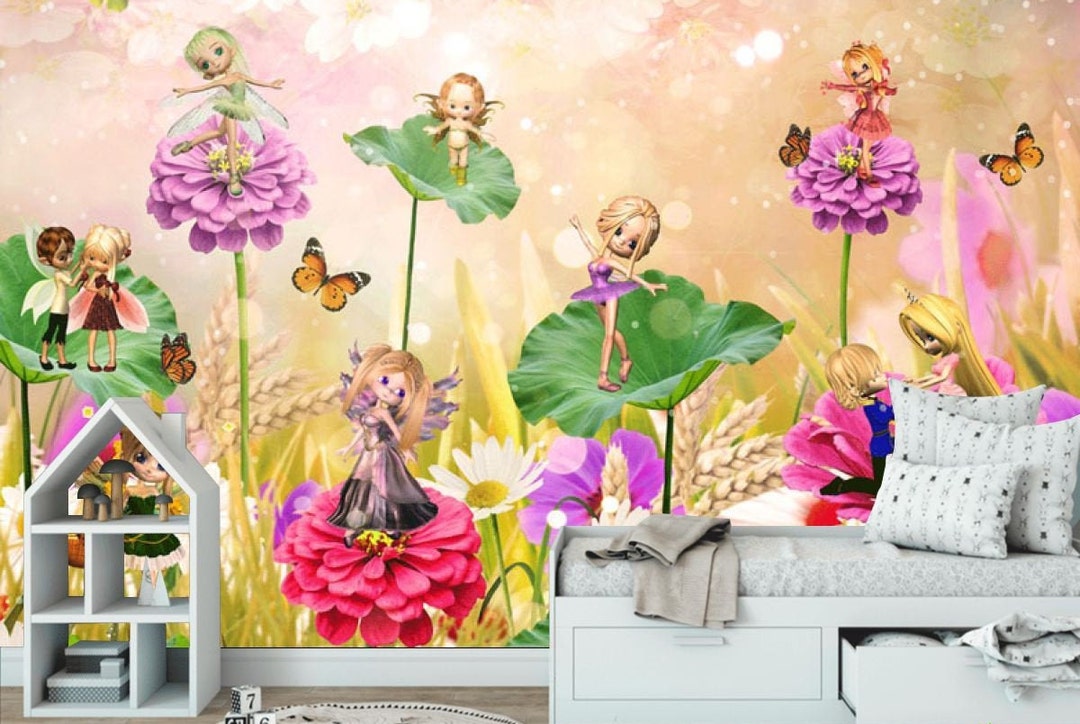 Fairies and Flowers Kids Room Wallpaper: Non-toxic Nursery Wall Mural ...