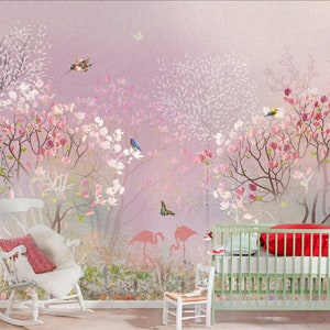 Foresta nebbiosa magica Fiori di prato viola Carta da parati per la cameretta dei bambini Decorazione della parete per bambina Carta da parati fotografica a colori pastello con fenicotteri rosa Grande murale