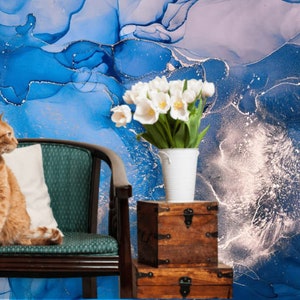 Silber-Blaue Marmor Tapete: Moderne Fluid Art Vinyl Wandbild