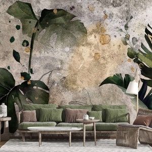 Muro di cemento grigio con foglie tropicali verdi acquerello carta da parati moderna decorazione da parete carta da parati fotografica in vinile dorato grandi murales di qualità premium