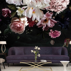 Beautiful Flowers Peonies-Roses-Tulips-Lily Wallpaper Dark Background Vintage Flowers Vinyl Photo Wallpaper Large Wall Murals