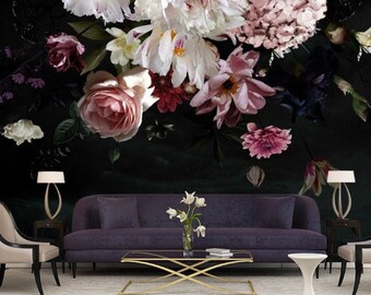Vintage Floral Wallpaper: Dark Peonies, Roses, Tulips Vinyl Wall Mural
