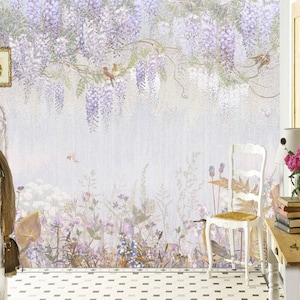 Tropical Floral Vinyl Wallpaper: Purple Flowers, Birds, Baby Room Decor