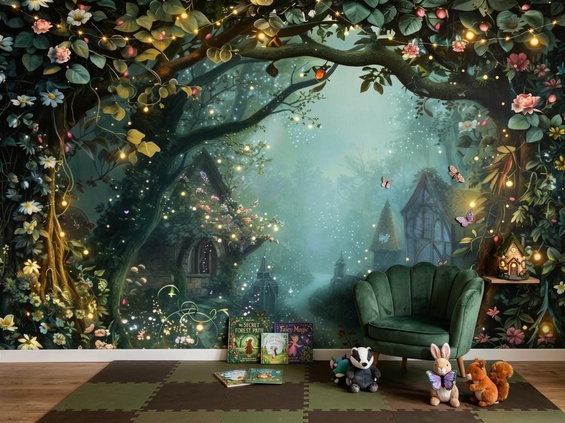 Fairy Tale Forest Wall Mural, Enchanted Houses Wallpaper, Kids Room ...