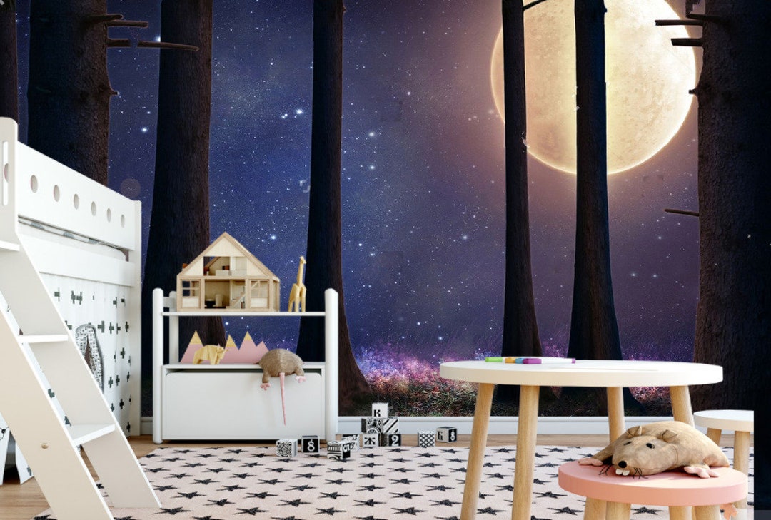 Magic Forest Big Moon Kids Wallpaper Nursery Room Decor Vinyl Photo ...